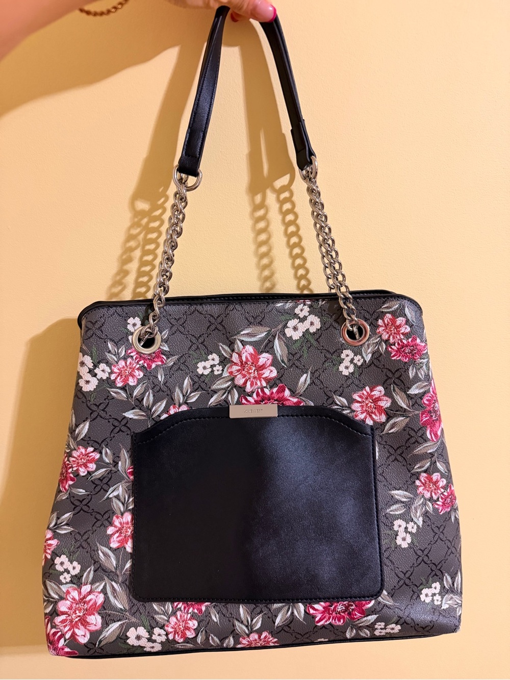 Nine West Black Floral Shoulder Bag with Pink Flowers